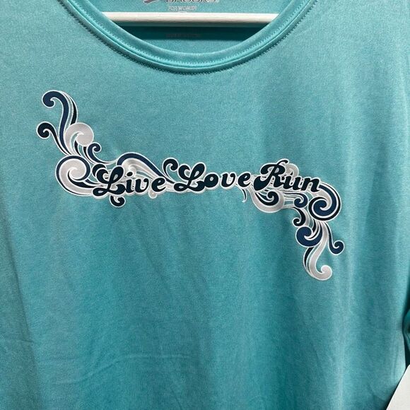 Brooks Women’s Size Large Live Love Run Athletic Shirt Blue Short Sleeve NWT - Picture 2 of 5
